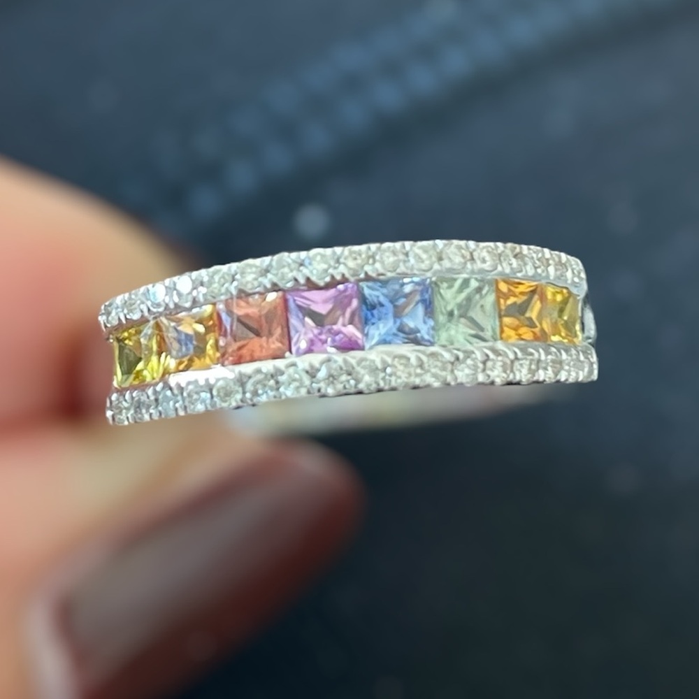 ✨ solid 18k white gold rainbow diamond sapphire channel set half eternity ring